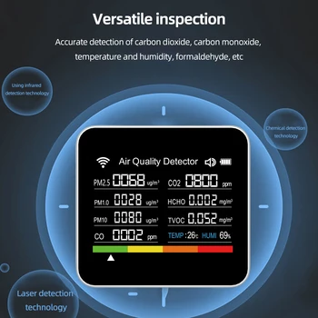 15 в 1 Цифров ФПЧ2.5 PM1.0 PM10 PM10 HCHO TVOC CO CO2 Измерител на качеството на въздуха Монитор Супер точен за Дома/Офиса/Училище/Склад