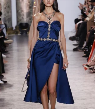 2023 Най-новото Вечерна рокля по поръчка, колие със скъпоценни камъни колан на спагети презрамки, Синя рокля с висока цепка и квалификация