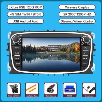 2K 4G Carplay Android Авторадио За Ford Focus S-Max, Mondeo, Galaxy C-Max, Kuga, Авто Мултимедиен Плейър GPS Навигация AI Voice