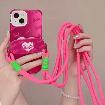 Ins Розово-червена английска Барби с дълъг шнурком за мобилен телефон 14Promax, модерен женски калъф за мобилен телефон Iphone13, държач за стена