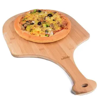 Бамбук кора за пица, 12-инчов Дървена Бамбук Гребло за пица Премиум-клас, дъска за Рязане с дръжка, Тава за подаване на хляб и сирене за пица