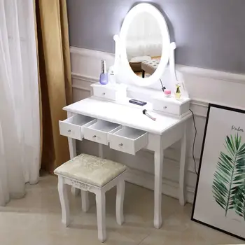 Бяло Огледало с осветление на 10 светодиоди, Тоалетка за грим, Тоалетка с 5 чекмеджета, дърво за мебели за спалня на закрито