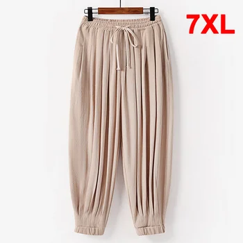 Голям размер 7XL, мъжки Модни Ежедневни обикновена Ленени панталони, Летни Свободни Панталони с еластичен ластик на талията