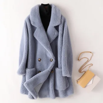 Дамски австралийската палто от естествена кожа, Вълнени палта, с дебели, топли, Елегантни, Свободни, голям размер на Дълга горна дреха, зима, високо качество