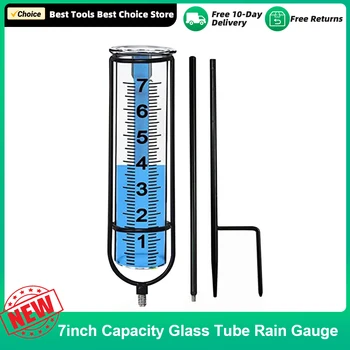 дождемер капацитет 7 инча, стъклена тръба, измерител на количеството на валежите в градината, м вода с метална рамка за градината, косене на тревата в задния двор