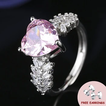 Елегантни дамски пръстен с розов сърце и цирконием, бижута от сребро 925 проба, сватбен подарък, отворен пръстен на пръста си, Аксесоари на Едро
