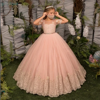 Елегантни Рокли Принцеса с цветя модел за момичета на сватба, Детски рокли за абитуриентски бал, Буйни апликации от дантела, Тюл, дрехи за Парти по случай рождения Ден