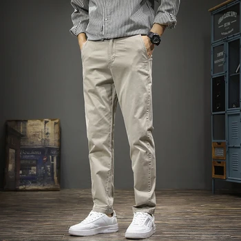 Есенни ежедневни панталони за мъже в корейски стил, светло сиви памучни прави панталони Slim Fit