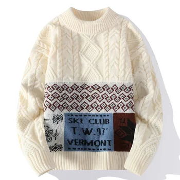 Есенно-зимни нови пуловери, модерен случайни вязаный пуловер с полувысоким деколте, топъл пуловер с принтом, мъжки вязаный жилетка