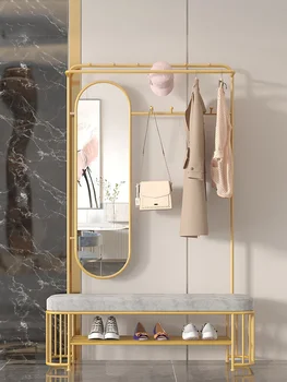 Желязната закачалка за дрехи с място за съхранение на обувки и пейка, 10 стойки, Закачалки за дрехи с огледало, Скандинавските прости модерни куки за дрехи