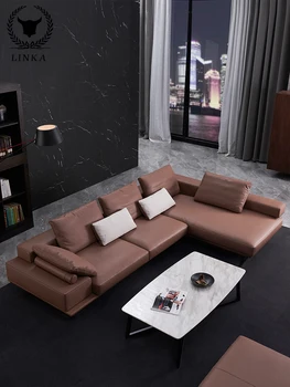 Италиански минималистичен кожен диван, на най-горния слой от волска кожа, прост, модерен размер, кът за хол, императорска наложница