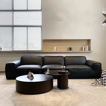 Италиански минималистичен ретро-кожен диван от черно тофу, лека луксозна всекидневна, малка пряка диван