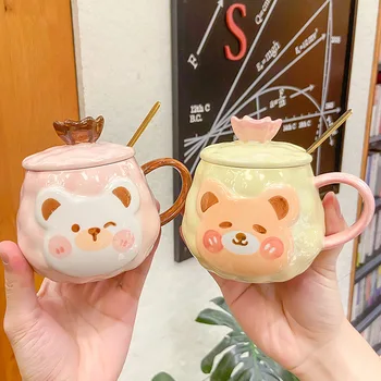 Керамична чаша в корейски стил с сладък мечок в короната, Индивидуалност, Творчески Интересен Тренд, Чаша за мляко на закуска в ресторанта, Чаша с мультяшными животни