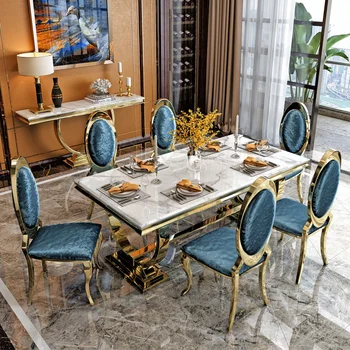 Комбинация от мраморно маса за хранене и столове в европейски стил, лесно лукс, модерен минималистичен домакински правоъгълна маса