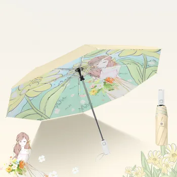 Креативен двуслойни чадър със защита от ултравиолетови лъчи, чадър от слънцето, Мъжки женски Преносим уличен 3-те сгъваем чадър с цветя