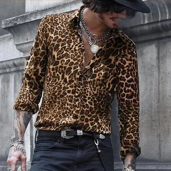 Мъжка риза с леопардовым принтом и дълъг ръкав с Ревера