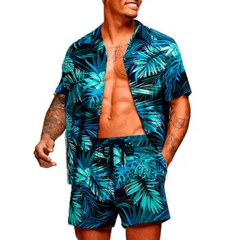 Мъжка риза с флорална принтом, Хавайски комплекти, Ежедневни плажни дрехи, копчета, риза с къс ръкав