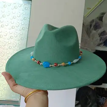 Нов зелен замшевый британски цилиндър с дължина 9,5 см, с голяма периферия, дамски замшевая шапка с пискюли, фетровая шапка унисекс, уводна част, дамска шапка