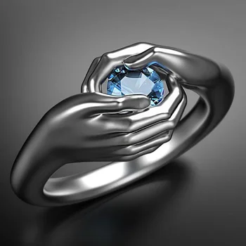 Нова мода, Креативен дизайн, Имитация на ръце, държи метални пръстени със синьо цирконием за мъже и жени, Индивидуално очарование, Вечерни бижута за бала