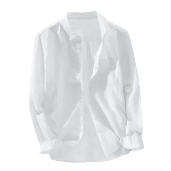 Нова мъжки есенна Мешковатая памучен Бельо Реколта тениска с дълъг ръкав и джоб копчета, блуза голям размер, ежедневни обикновен мъжки ризи с V-образно деколте