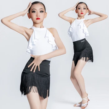 Облекло за практикуване на латински танци за момичета Xia, професионално облекло за изказвания, Нов стил, детска черно-бели дрехи с отворен гръб