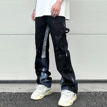 Подходящи По Цвят Сплайсированные Крапчатые Мастило Vibe Style Micro Flare Дънки Панталони за Мъже Y2K Cleanfit Ежедневни Выстиранные Широки Дънкови Панталони