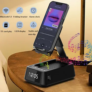 Портативен Bluetooth високоговорител, Безжичен музикален плейър с led дисплей за време, Сгъваем държач за мобилен телефон, подкрепа на алармен часовник, TF карта
