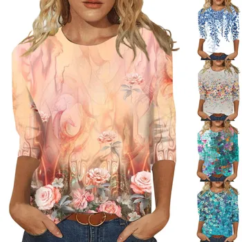 Риза С 3/4 ръкав За Жени, Сладък Тениски с Графичен Принтом, Блузи, Ежедневни Базови Върховете на Размера на Плюс, Пуловер Ropa De Mujer топ женски