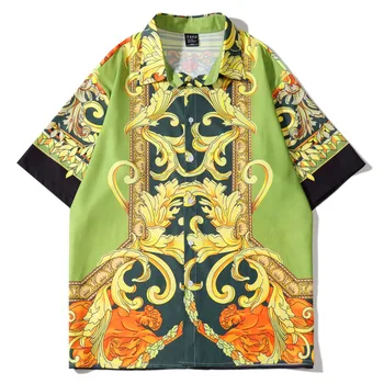 Риза с контрастни принтом в стил барок, Летни Мъжки Ризи с цветенце, Ежедневни риза на цветчета в Ретро стил с къс ръкав, Социална Градинска облекло