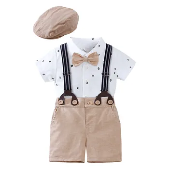 Риза с къси ръкави и принтом за малки момчета, Потници и гащета, Шапка, Детски Джентълменско комплект и дрехи за малките момчета