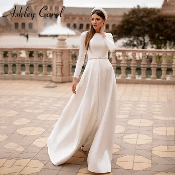 Сватбена рокля Ашли Carol с дълъг ръкав 2023, Шаферски Рокли Трапецовидна форма Принцеса, Атласное Сватбена рокля с отворен гръб, Vestidos De Новия