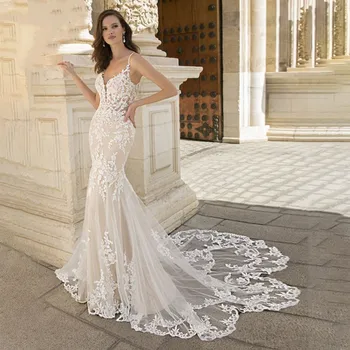 Страхотна сватбена рокля с аппликацией под формата на русалка с влак, Vestido De Noiva, Сватбената рокля на спагети презрамки 2023, Завързана дреха за булката