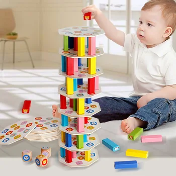 Творчески Дървени Мультяшные Животни Строителни Блокове Кула Настолна Игра Детски Цветни Преливащи се цветове Играчки за подреждане на Доминото