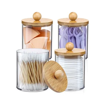 Титуляр Qtip, Органайзер за баня, Аксесоари, Контейнери за съхранение на Прозрачни пластмасови кутии с бамбукови капаци за памучен тампон, зъбни конци