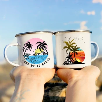 Чаши за Къмпинг с принтом кокосовата палма, Туризъм Эмалированная Чаша, Приключения, Летни Плажни Чаши за къмпинг, Напитки, Бира, Чаша за сок, Подаръци за туристите